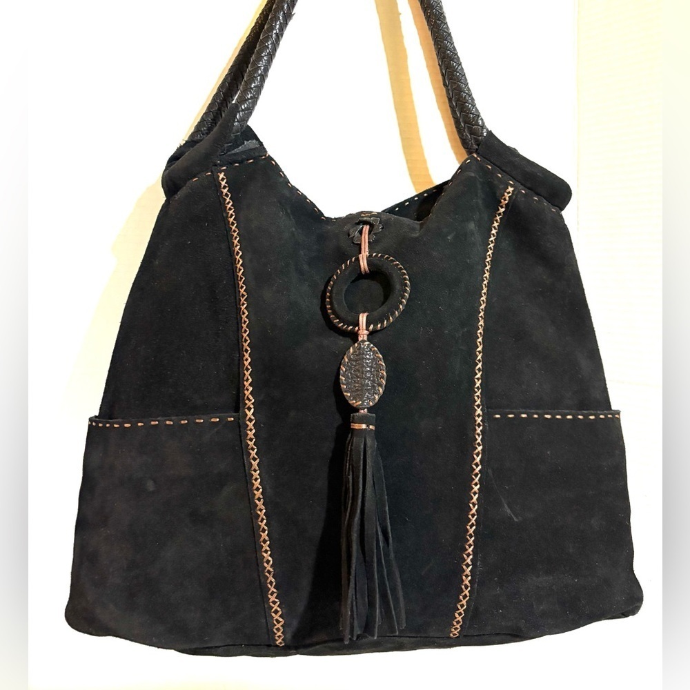 Black Suede /leather Tote Bag with Tassel Accent
